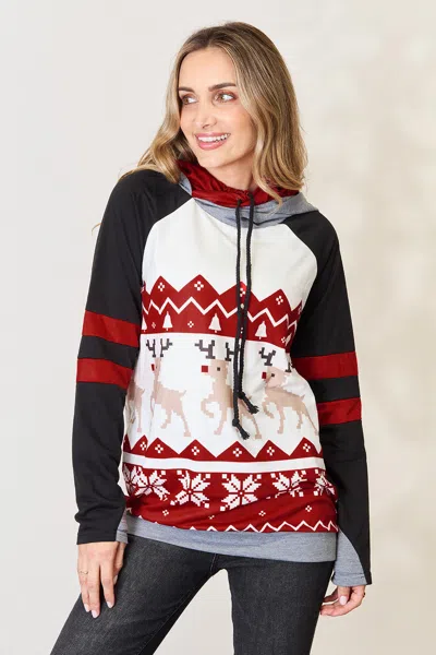 Truedames Double Take Full Size Christmas Drawstring Long Sleeve Hoodie In Multi