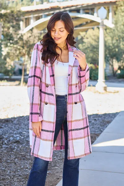 Truedames Double Take Full Size Plaid Button Up Lapel Collar Coat In Pink