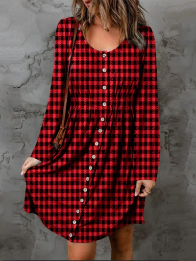 Truedames Double Take Full Size Plaid Round Neck Long Sleeve Magic Dress In Red