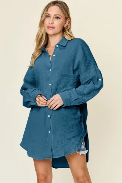 Truedames Double Take Full Size Pocketed Texture Button Up Shirt In Blue