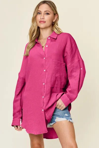 Truedames Double Take Full Size Pocketed Texture Button Up Shirt In Pink