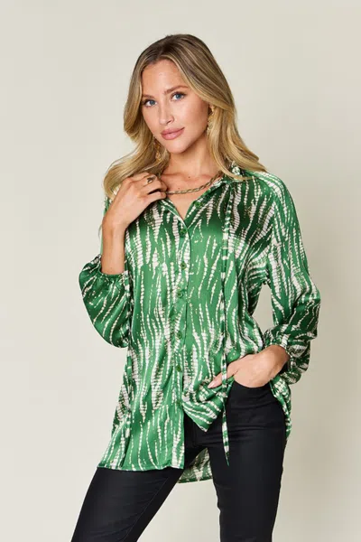 Truedames Double Take Full Size Printed Button Up Long Sleeve Shirt In Green