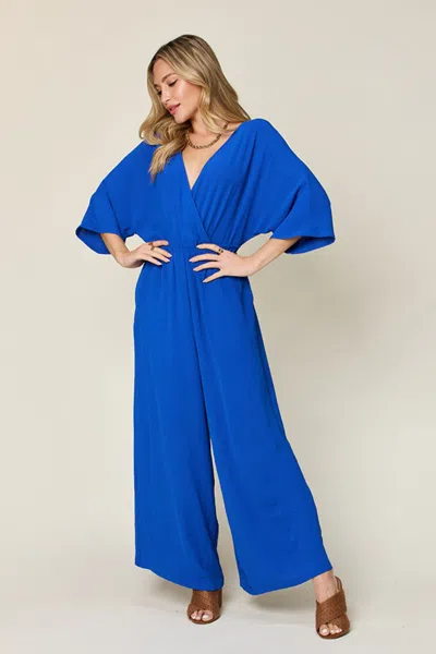 Truedames Double Take Full Size Surplice Wide Leg Jumpsuit With Pockets In Blue