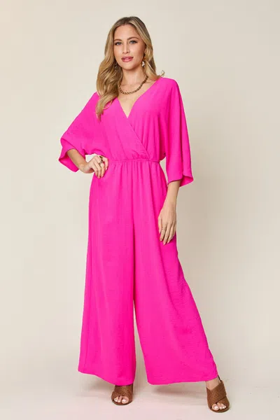 Truedames Double Take Full Size Surplice Wide Leg Jumpsuit With Pockets In Pink