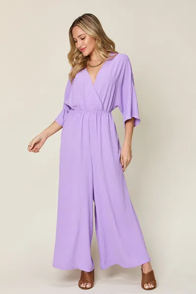 Truedames Double Take Full Size Surplice Wide Leg Jumpsuit With Pockets In Purple