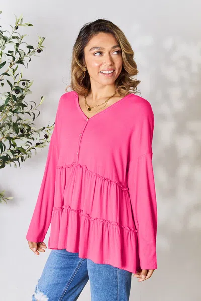 Truedames Double Take Half Button Long Sleeve Ruffle Hem Blouse In Pink