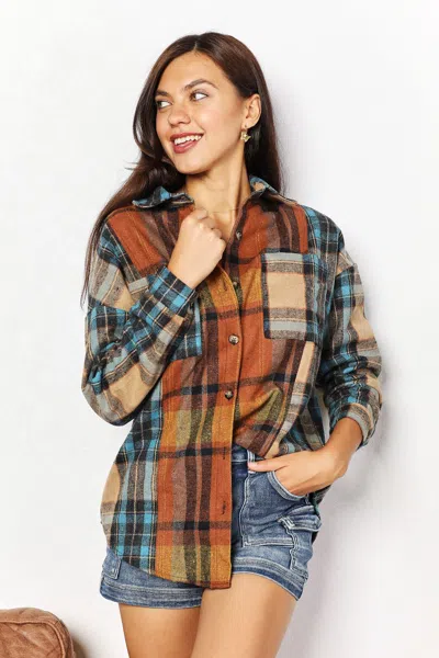 Truedames Double Take Plaid Curved Hem Shirt Jacket With Breast Pockets In Brown