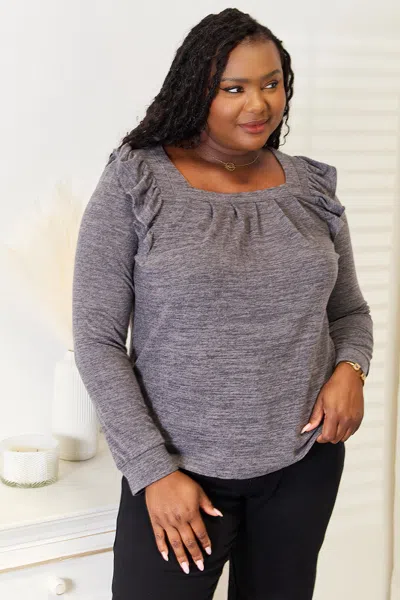 Truedames Double Take Square Neck Ruffle Shoulder Long Sleeve T-shirt In Gray