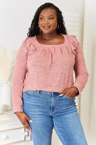 Truedames Double Take Square Neck Ruffle Shoulder Long Sleeve T-shirt In Pink