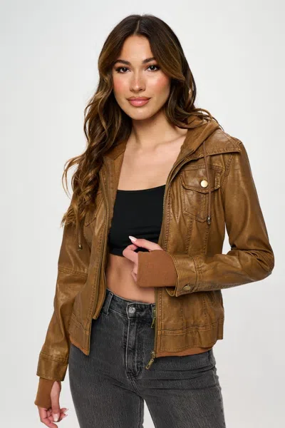 Truedames Double Zip Hooded Long Sleeve Jacket In Brown