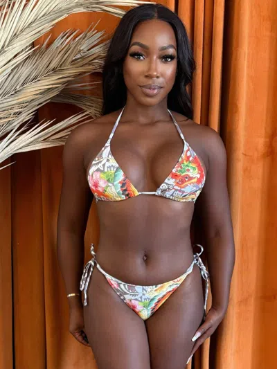 Truedames Dragon Heat Bikini Bold Dragon And Floral Print Adjustable Triangle Swim Set In Multi