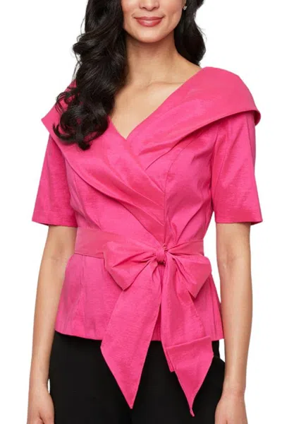 Truedames Draped Crossover Pleated Shawl Collar V-neckline Short Cap Sleeves Cropped Waist Bow-tie Back Zipper In Pink