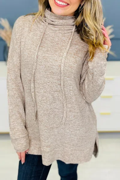 Truedames Drawstring Cowl High Neck Long Sleeve Split Top In Brown