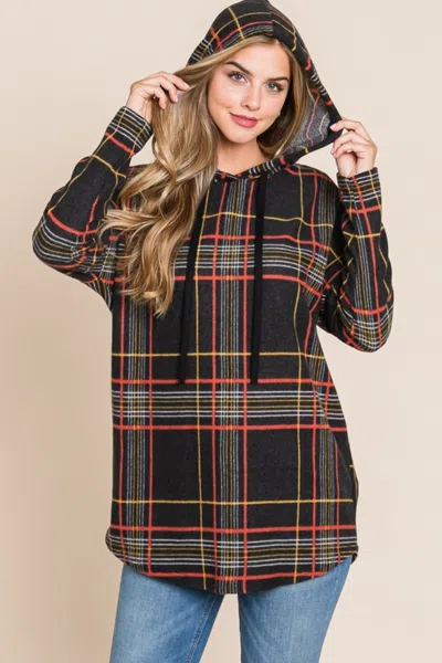 Truedames Drawstring Plaid Long Sleeve Hoodie In Black