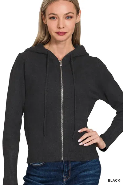 Truedames Drawstring Zip Up Hooded Cardigan In Black