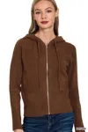 Truedames Drawstring Zip Up Hooded Cardigan In Brown