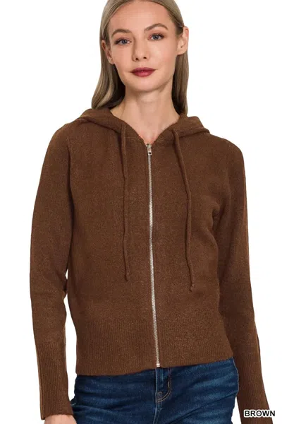 Truedames Drawstring Zip Up Hooded Cardigan In Brown