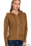 Truedames Drawstring Zip Up Hooded Cardigan In Brown