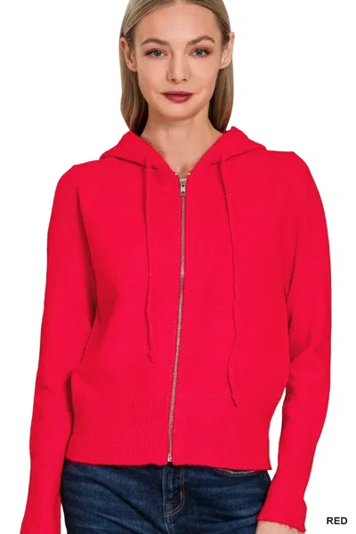 Truedames Drawstring Zip Up Hooded Cardigan In Red