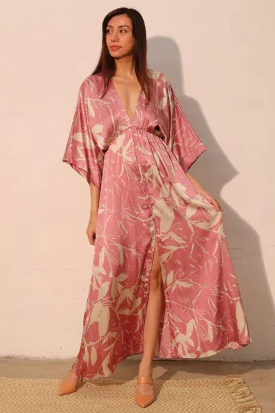 Truedames Dreaming Lily Satin Kimono Maxi Dress In Pink