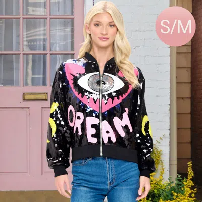 Truedames Dreams Screams Letter Multicolor Eye Sequin Zip Up Bomber Jacket