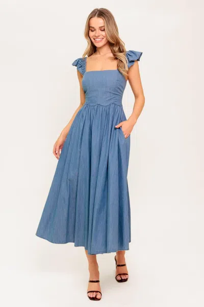 Truedames Driftwood Petal Chambray Midi Dress In Blue