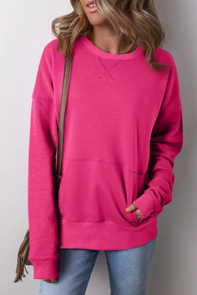 Truedames Drop Shoulder Crisscross Stitching Pocketed Loose Sweatshirt In Pink