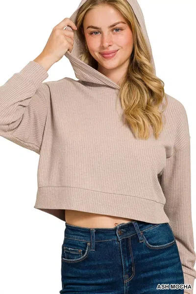 Truedames Drop Shoulder Ribbed Crop Hoodie In Beige