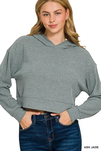 Truedames Drop Shoulder Ribbed Crop Hoodie In Green