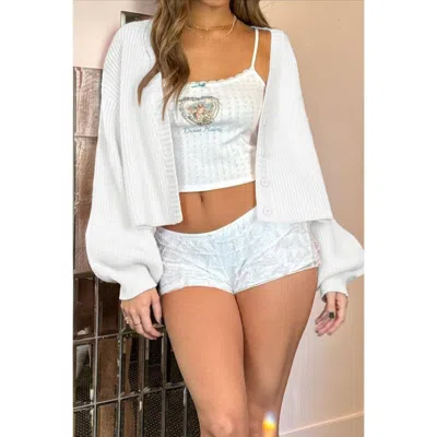 Truedames Drop Shoulder Solid Knit V Neck Button Sweater In White