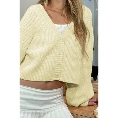 Truedames Drop Shoulder Solid Knit V Neck Button Sweater In Yellow