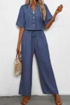 Truedames Drop Shoulder Tie Front Wide Leg Pant Set In Blue