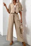 Truedames Drop Shoulder Tie Front Wide Leg Pant Set In Nude