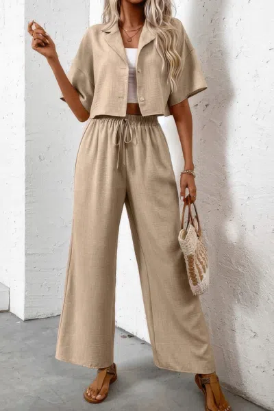 Truedames Drop Shoulder Tie Front Wide Leg Pant Set In Nude