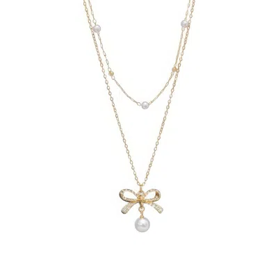 Truedames Dual-strand Jewled Bow Pendant Necklace In Gold