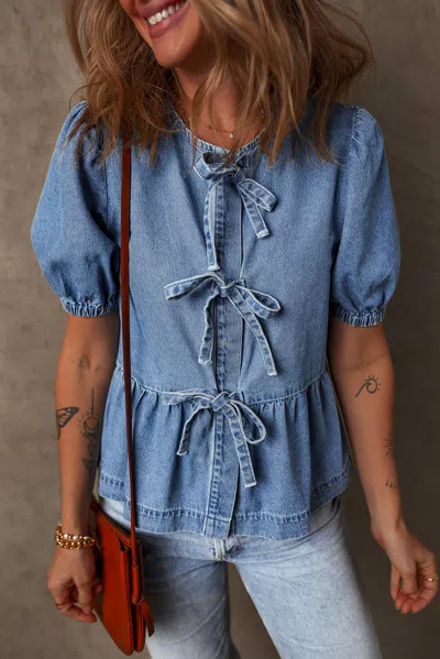 Truedames Dusk Tied Front Bubble Sleeve Peplum Denim Shirt In Blue