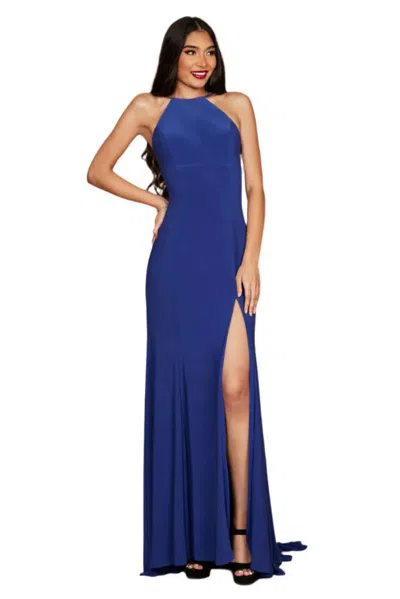 Truedames Dylan And Davids Full-length Fitted Open Back Jersey Prom Dress In Blue