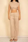 Truedames Elastic Hem Crop Top & Wide Leg Pants Set With Faux Drawstring In Brown