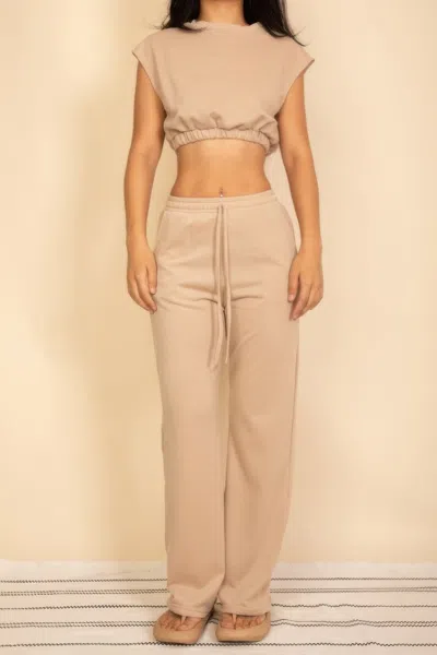 Truedames Elastic Hem Crop Top & Wide Leg Pants Set With Faux Drawstring In Brown