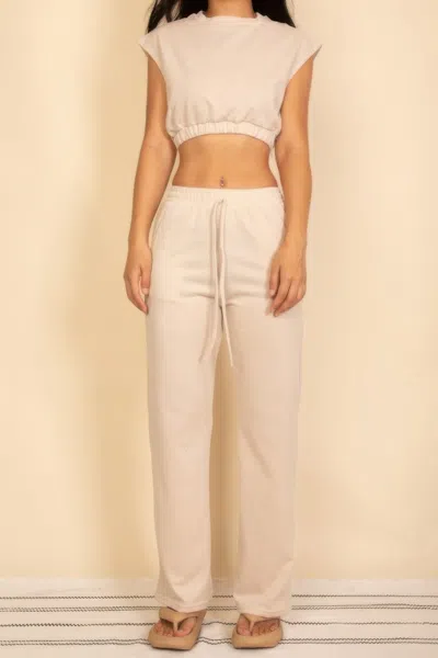 Truedames Elastic Hem Crop Top & Wide Leg Pants Set With Faux Drawstring In Neutral