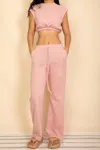 Truedames Elastic Hem Crop Top & Wide Leg Pants Set With Faux Drawstring In Pink