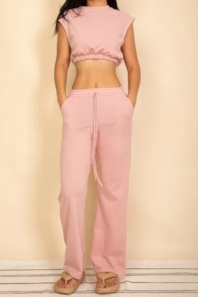 Truedames Elastic Hem Crop Top & Wide Leg Pants Set With Faux Drawstring In Pink