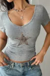 Truedames Elastic Leopard Star Short Sleeve Fit T Shirt In Gray