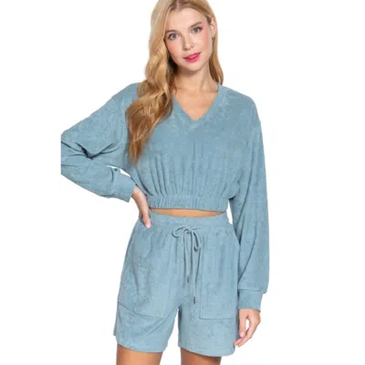 Truedames Elasticized Hem Terry Towelling Top In Blue