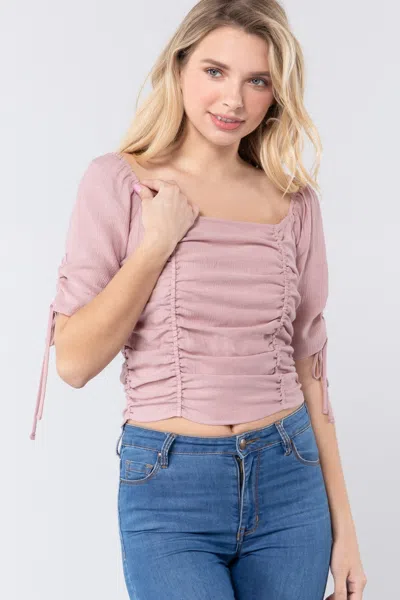 Truedames Elbow Slv Smocked Ruched Woven Top In Pink