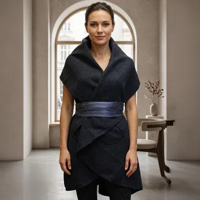 Truedames Elegant Belted Open Front Wool Wrap Vest In Blue