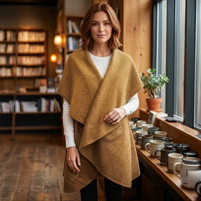 Truedames Elegant Belted Open Front Wool Wrap Vest In Brown