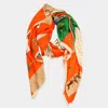 Truedames Elegant Carriage Printed Oblong Silky Satin Scarf Shawl In Orange