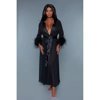 Truedames Elegant Chiffon Robe With Satin & Feather Accents In Black