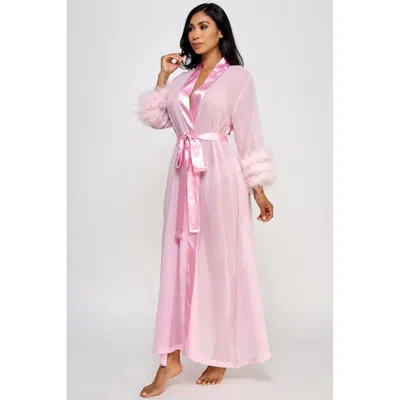 Truedames Elegant Chiffon Robe With Satin & Feather Accents In Pink